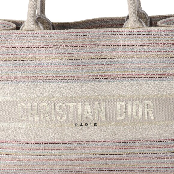 Christian Dior Medium Book Tote Canvas Embroidered Stripes Beige Multicolor - Picture 2 of 9